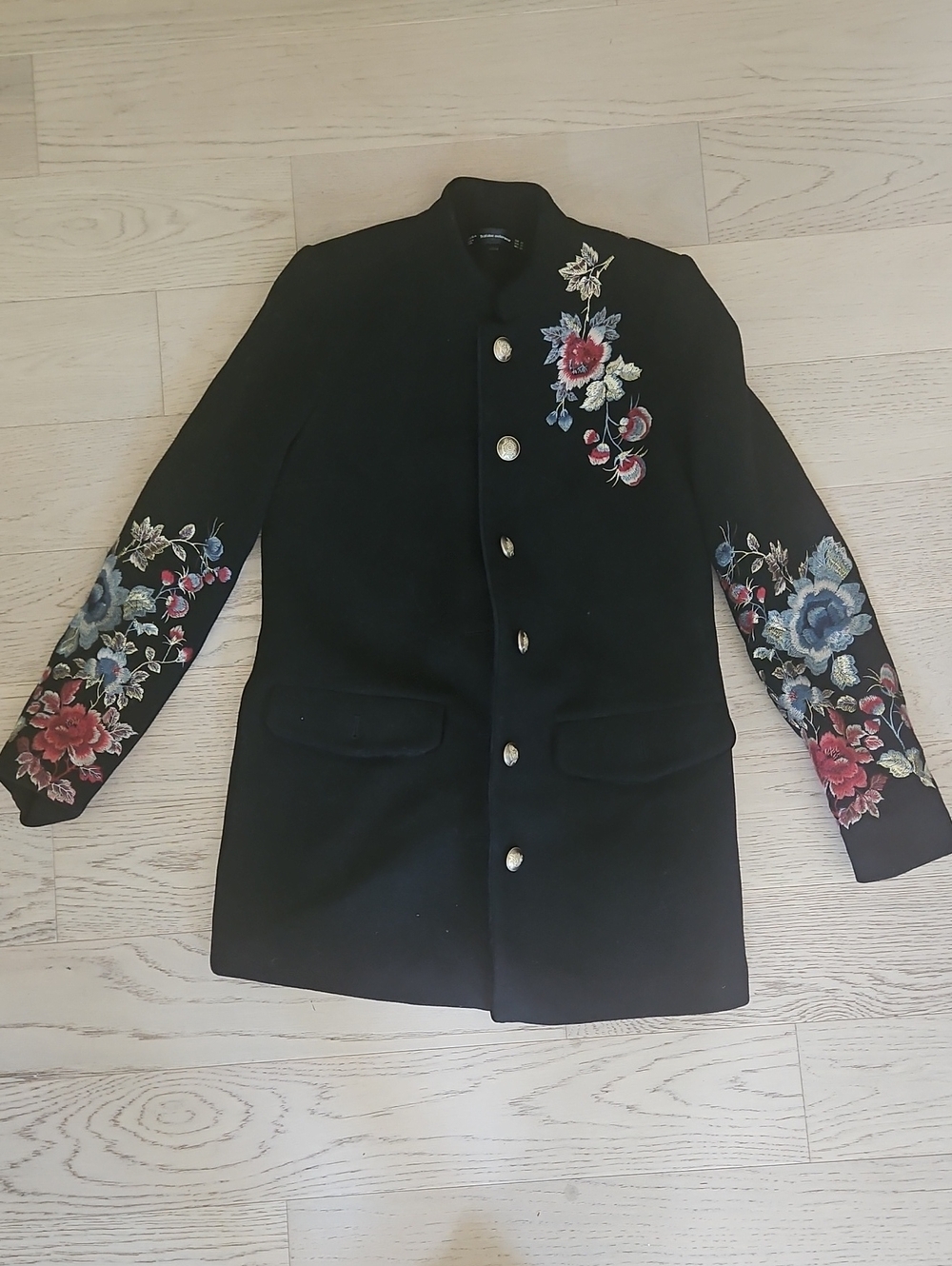 Zara Black Embroidered Floral Military-Style Coat
